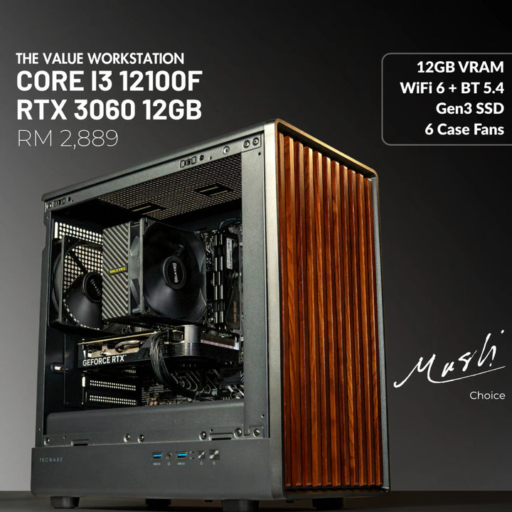MUSH-E Office I3 WiFi: Intel Core i3 12100F + RTX 3060 12GB (Customizable)